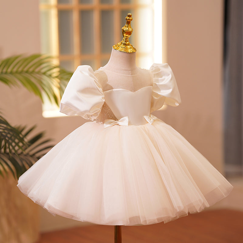 White Satin Tulle Princess Flower Girl Dress Pleated Puff Sleeve