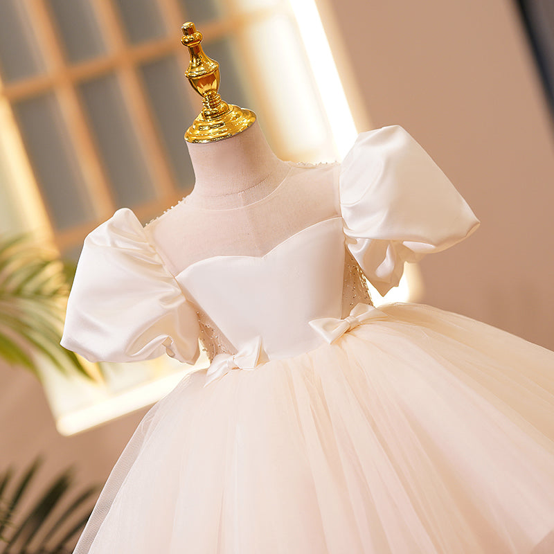 White Satin Tulle Princess Flower Girl Dress Pleated Puff Sleeve
