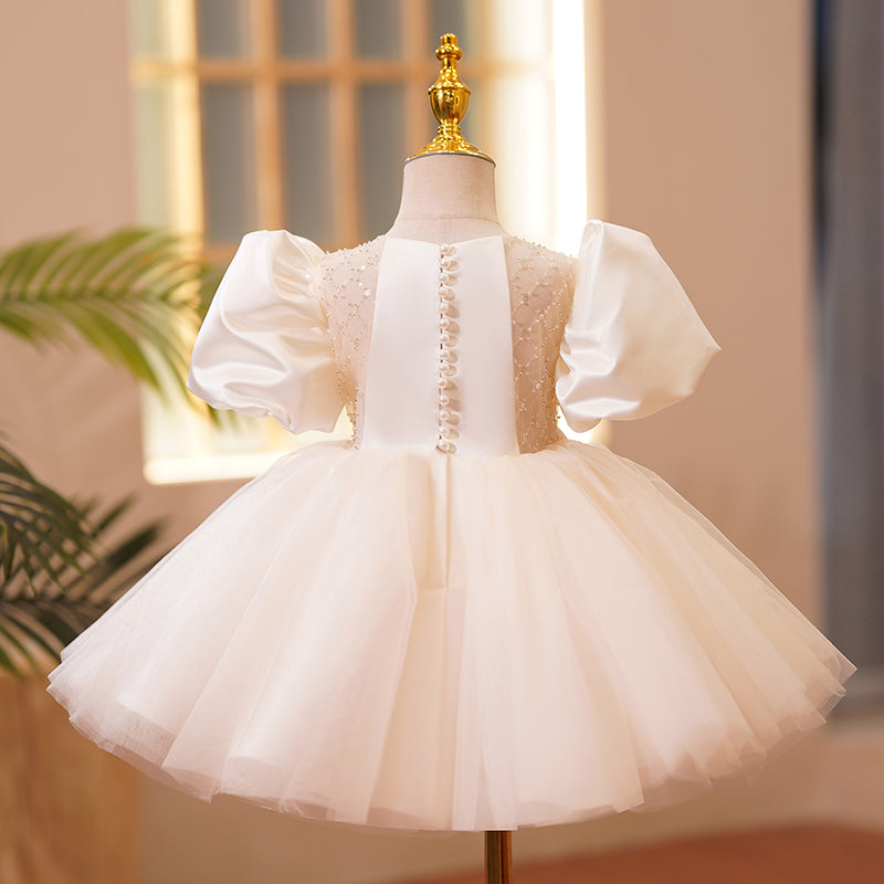 White Satin Tulle Princess Flower Girl Dress Pleated Puff Sleeve