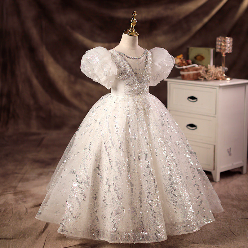 White Sequin A-Line Flower Girl Dress Beaded Short Puff