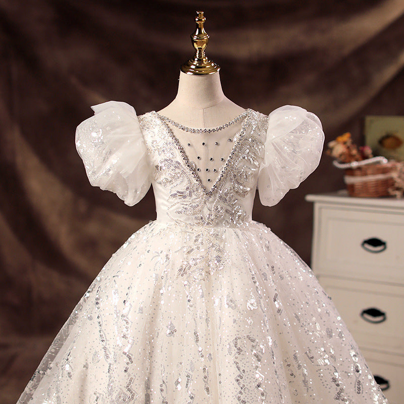 White Sequin A-Line Flower Girl Dress Beaded Short Puff
