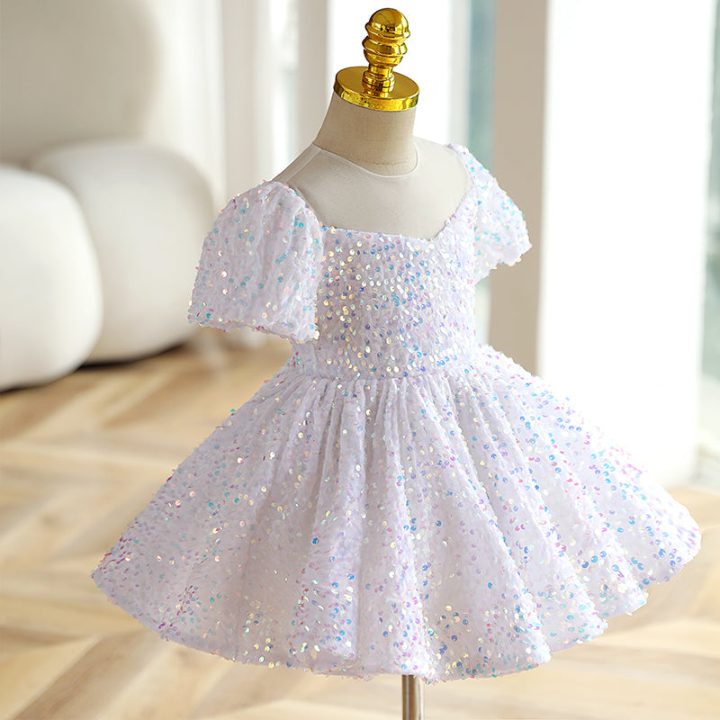 White Sequin A-Line Flower Girl Dress