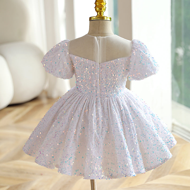 White Sequin A-Line Flower Girl Dress