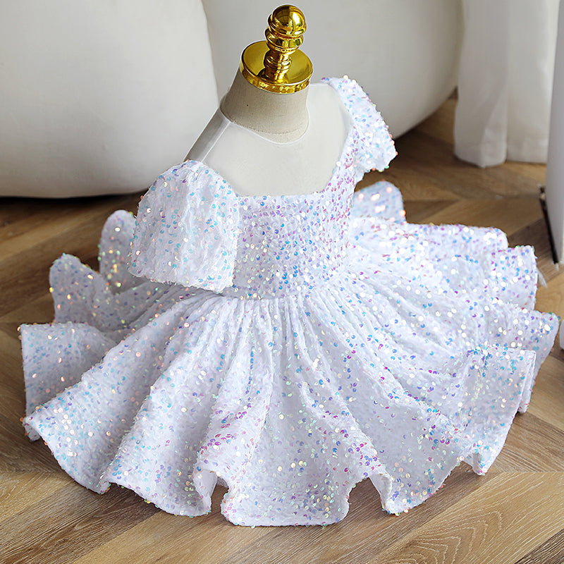 White Sequin A-Line Flower Girl Dress