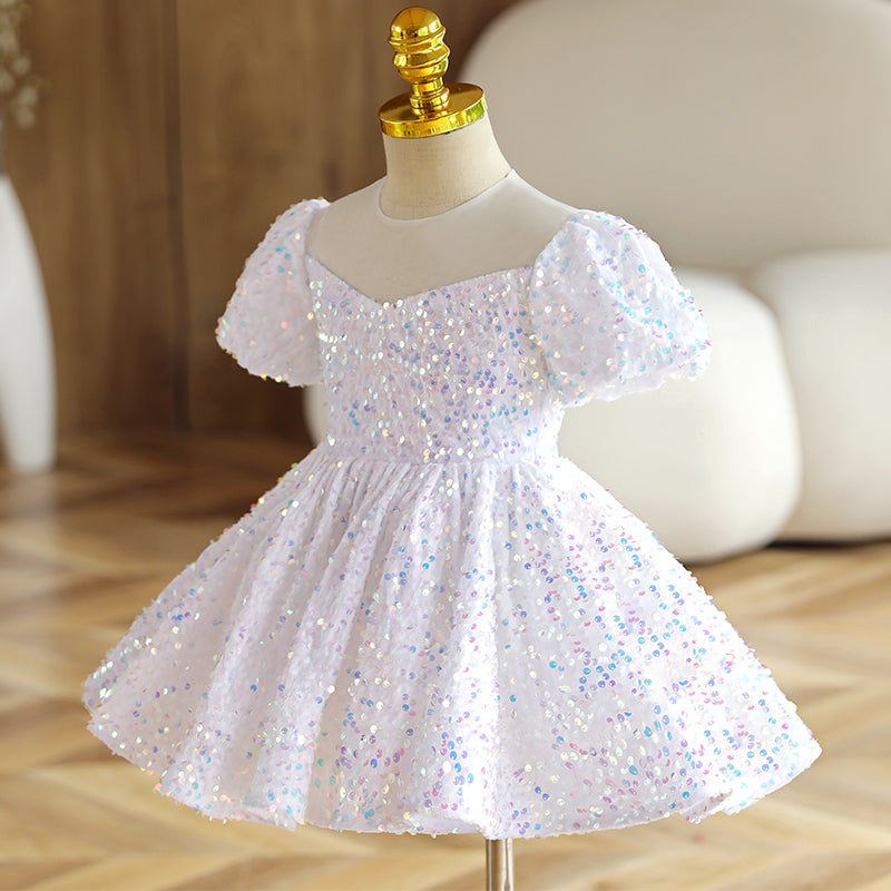 White Sequin A-Line Flower Girl Dress