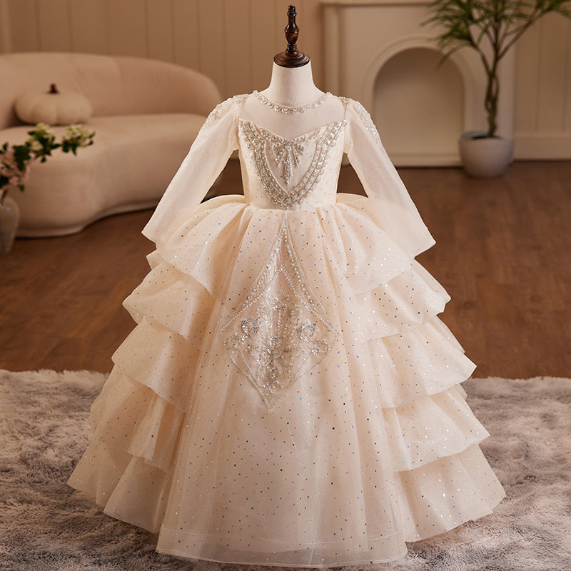White Sequin A-Line Flower Girl Dress - Long Sleeves