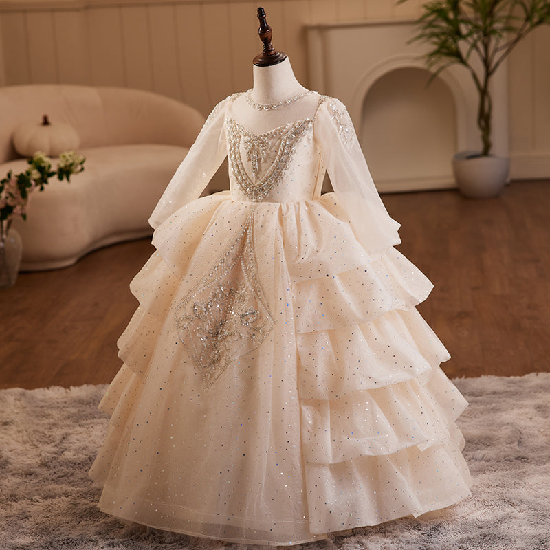 White Sequin A-Line Flower Girl Dress - Long Sleeves