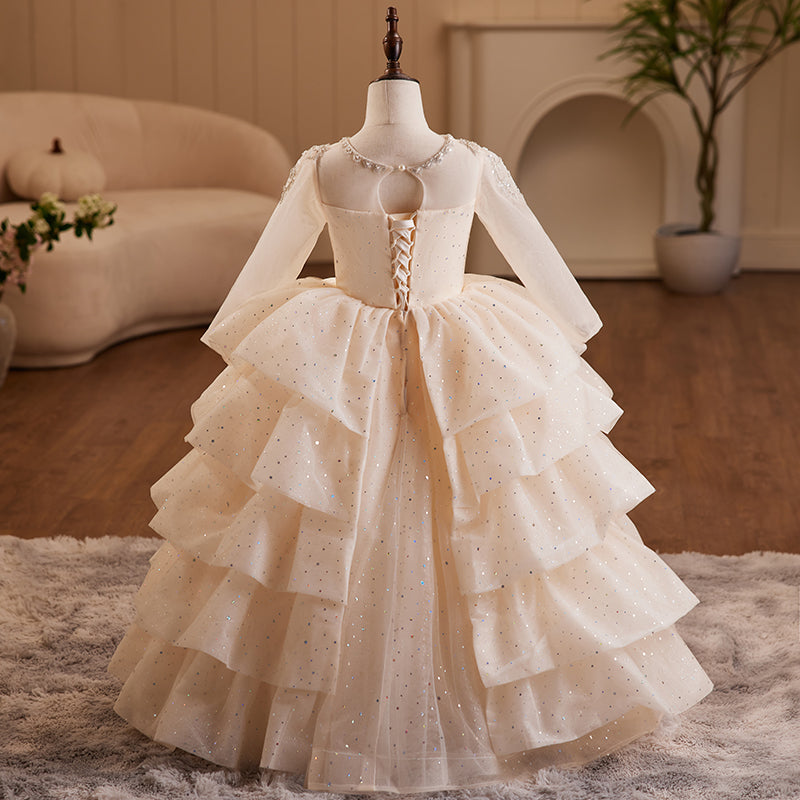 White Sequin A-Line Flower Girl Dress - Long Sleeves
