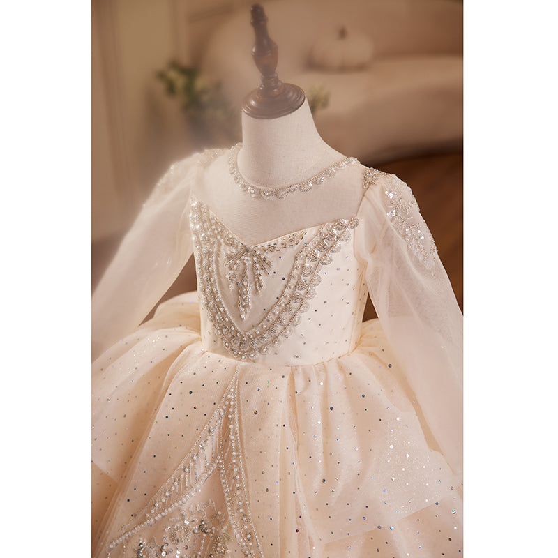 White Sequin A-Line Flower Girl Dress - Long Sleeves