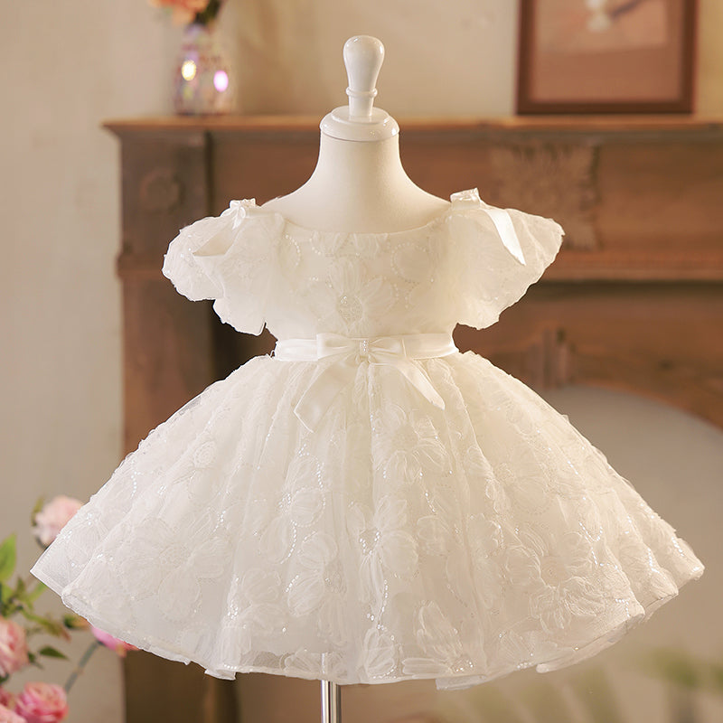White Sequin A-Line Flower Girl Dress with Floral Puff Sleeves