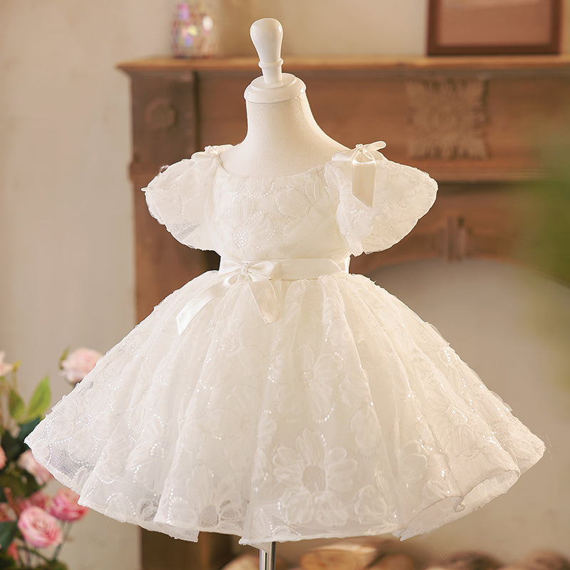 White Sequin A-Line Flower Girl Dress with Floral Puff Sleeves