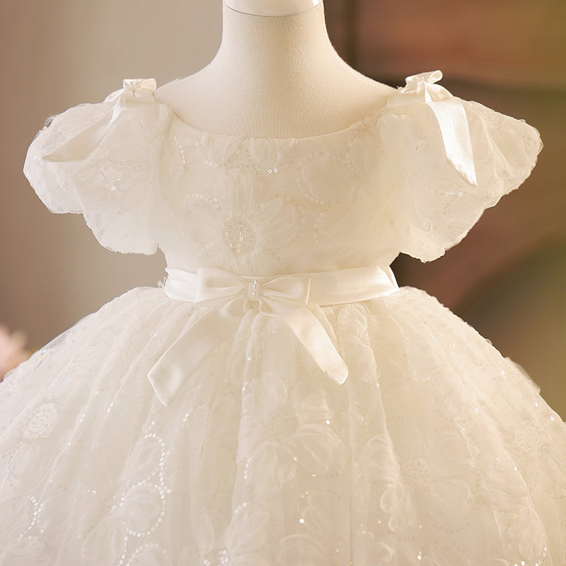 White Sequin A-Line Flower Girl Dress with Floral Puff Sleeves