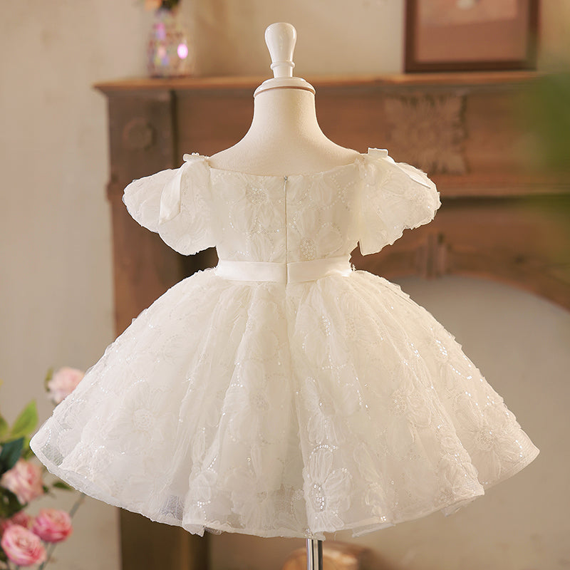 White Sequin A-Line Flower Girl Dress with Floral Puff Sleeves