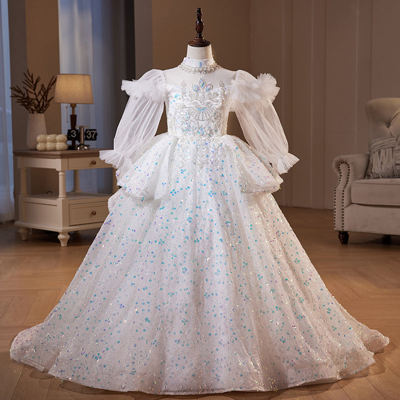 White Sequin A-Line Flower Girl Dress with Long Puff Sleeves White Sequin A-Line Flower Girl Dress with Long Puff Sleeves
