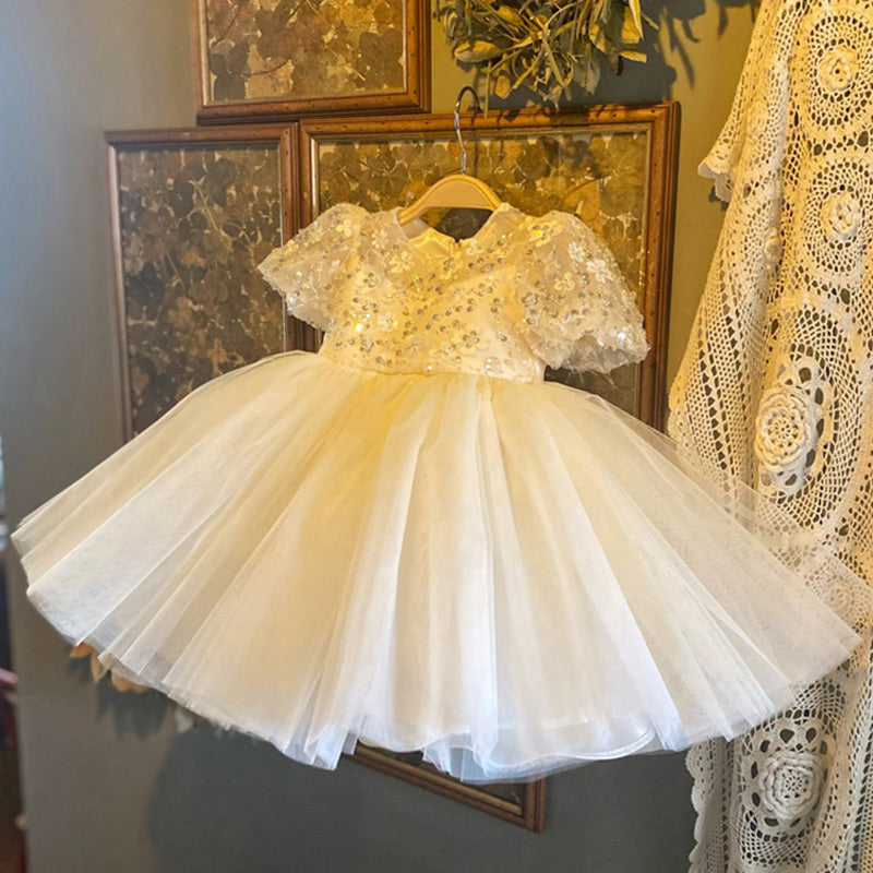 White Sequin A-Line Flower Girl Dress with Puff Sleeves