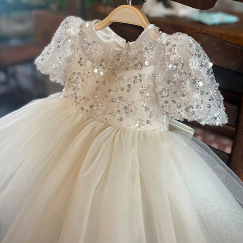 White Sequin A-Line Flower Girl Dress with Puff Sleeves