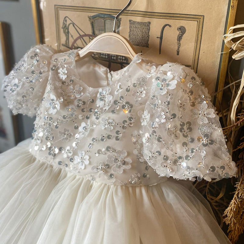 White Sequin A-Line Flower Girl Dress with Puff Sleeves