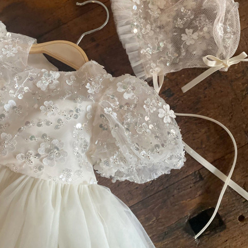 White Sequin A-Line Flower Girl Dress with Puff Sleeves