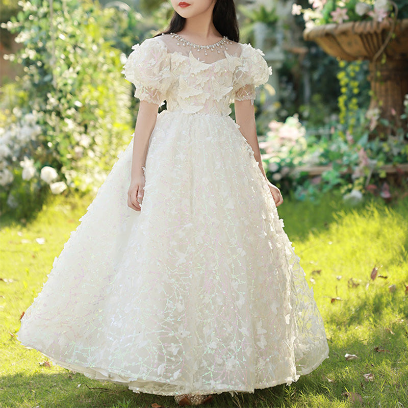 White Sequin A-Line Flower Girl Dress with Puff Sleeves