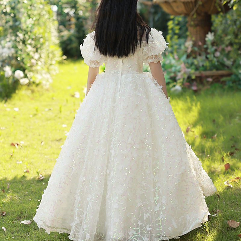 White Sequin A-Line Flower Girl Dress with Puff Sleeves