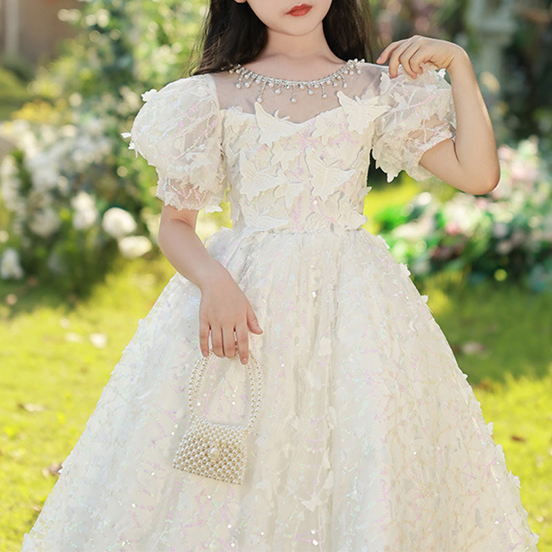 White Sequin A-Line Flower Girl Dress with Puff Sleeves