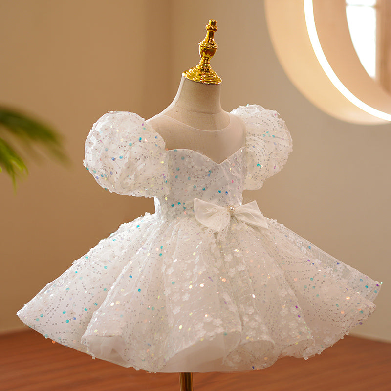 White Sequin Princess Dress | Bow Detail Puff Sleeves