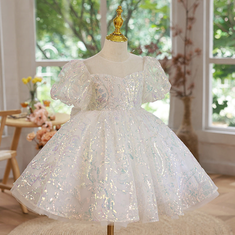 White Sequin Princess Flower Girl Dress Round Neck Puff Knee