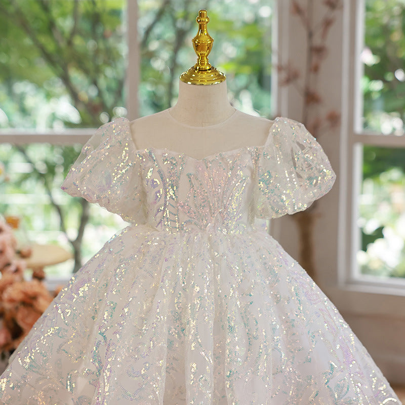 White Sequin Princess Flower Girl Dress Round Neck Puff Knee