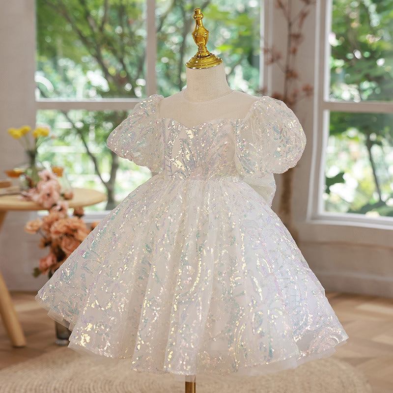White Sequin Princess Flower Girl Dress Round Neck Puff Knee