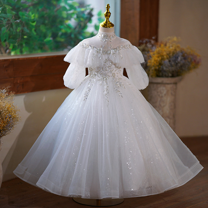 White A-Line Flower Girl Dress - Sequin Tulle, Lace, Lantern Sleeve Mia Princess White A-Line Flower Girl Dress - Sequin Tulle, Lace, Lantern Sleeve Mia Princess