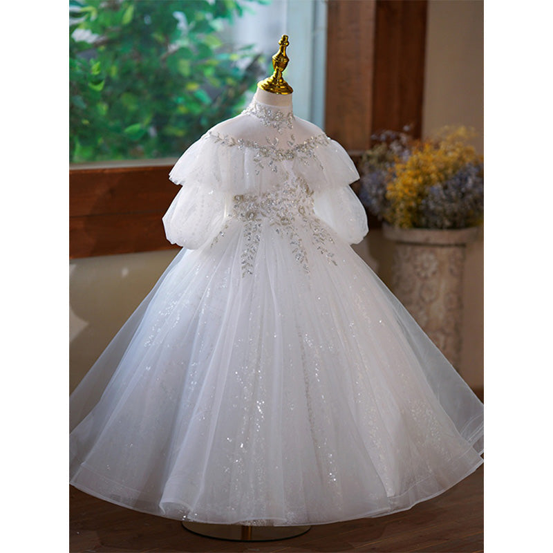 White Sequin Tulle A-Line Dress - Lace, Lantern Sleeves