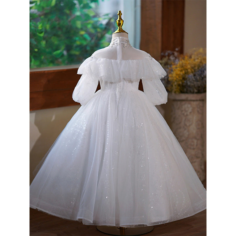 White Sequin Tulle A-Line Dress - Lace, Lantern Sleeves