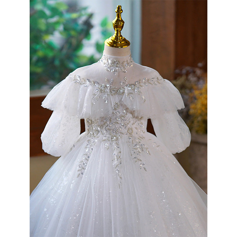 White Sequin Tulle A-Line Dress - Lace, Lantern Sleeves