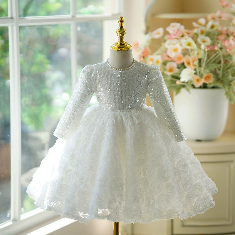 White Sequin Tulle A-Line Flower Girl Dress – Special Occasion Long Sleeve Kids Dress