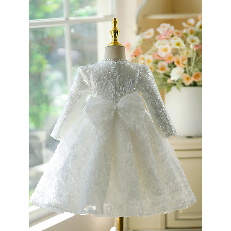 White Sequin Tulle A-Line Flower Girl Dress – Special Occasion Long Sleeve Kids Dress