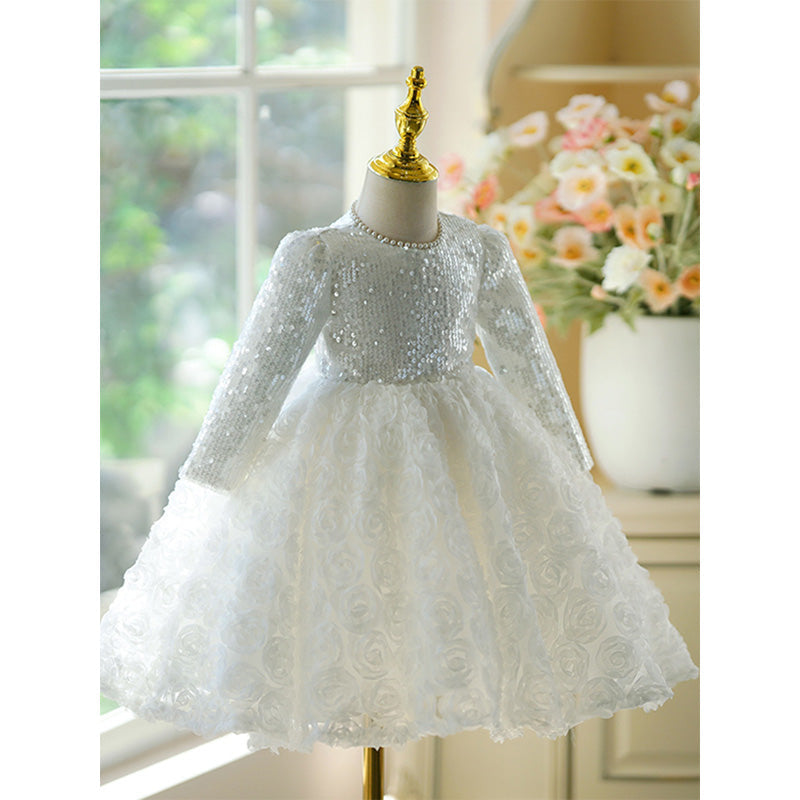 White Sequin Tulle A-Line Flower Girl Dress – Special Occasion Long Sleeve Kids Dress