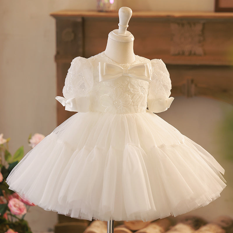 White Sequin Tulle A-Line Flower Girl Dress with Puff Sleeves