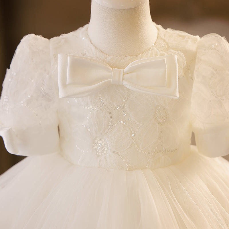 White Sequin Tulle A-Line Flower Girl Dress with Puff Sleeves