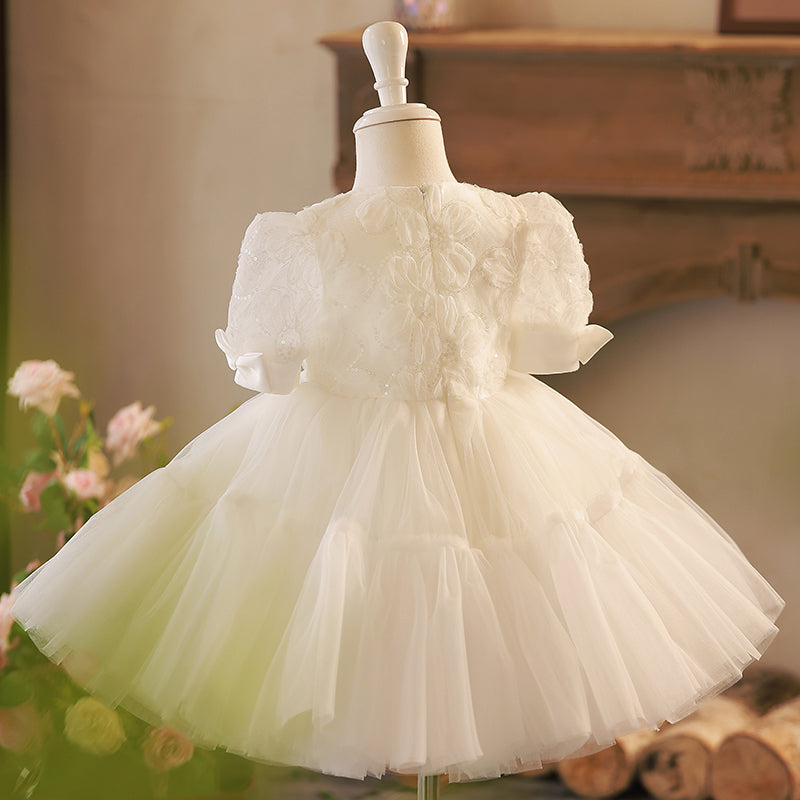 White Sequin Tulle A-Line Flower Girl Dress with Puff Sleeves