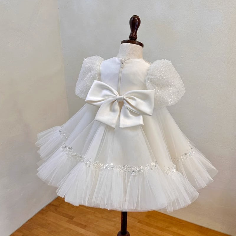 White Sequin Tulle A-Line Flower Girl Dress with Puff Sleeves