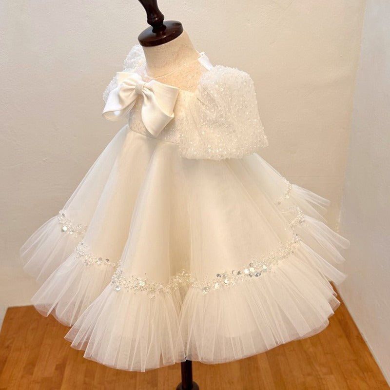 White Sequin Tulle A-Line Flower Girl Dress with Puff Sleeves