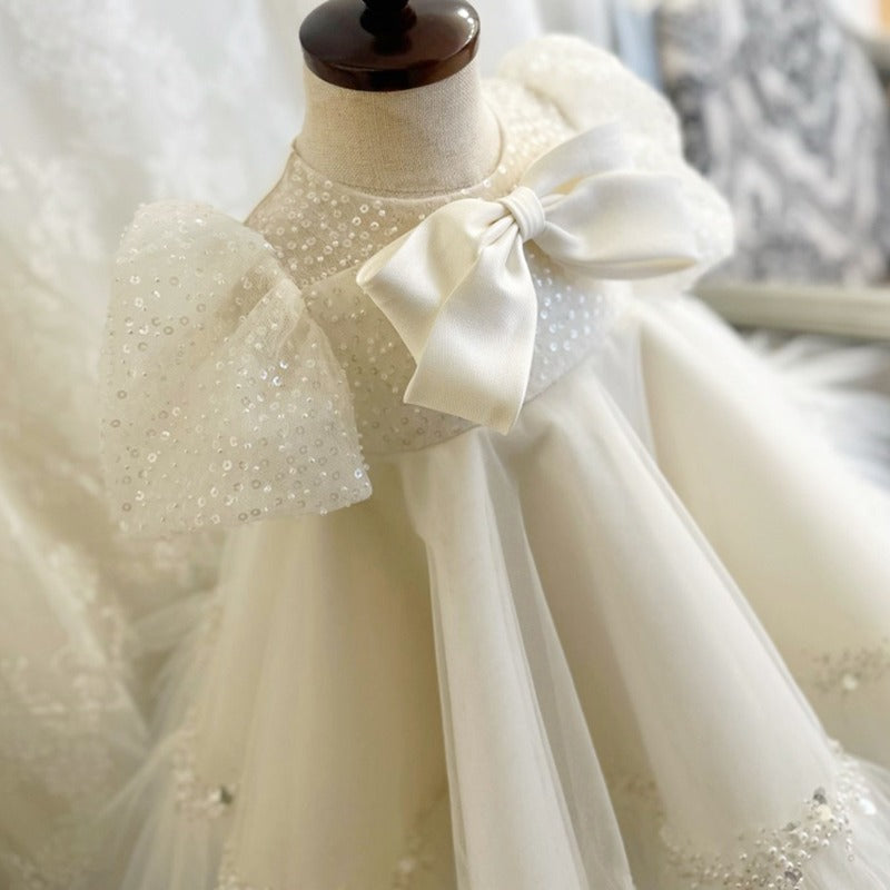 White Sequin Tulle A-Line Flower Girl Dress with Puff Sleeves