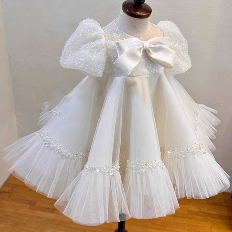 White Sequin Tulle A-Line Flower Girl Dress with Puff Sleeves