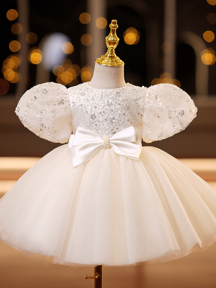 White Sequin Tulle Princess Flower Girl Dress Puff Sleeve Bow