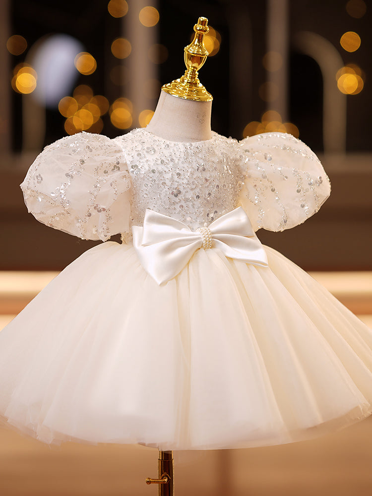 White Sequin Tulle Princess Flower Girl Dress Puff Sleeve Bow