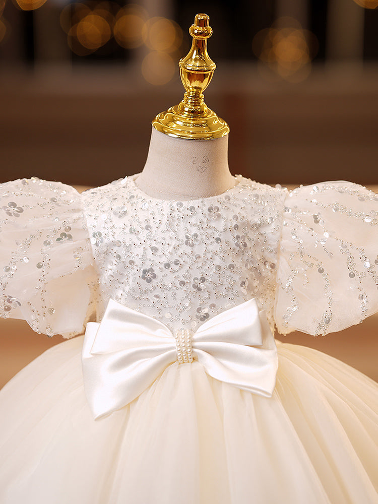 White Sequin Tulle Princess Flower Girl Dress Puff Sleeve Bow