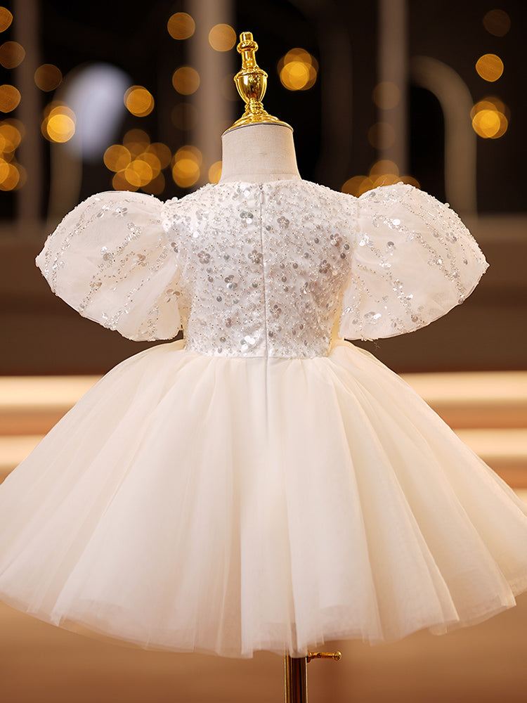White Sequin Tulle Princess Flower Girl Dress Puff Sleeve Bow