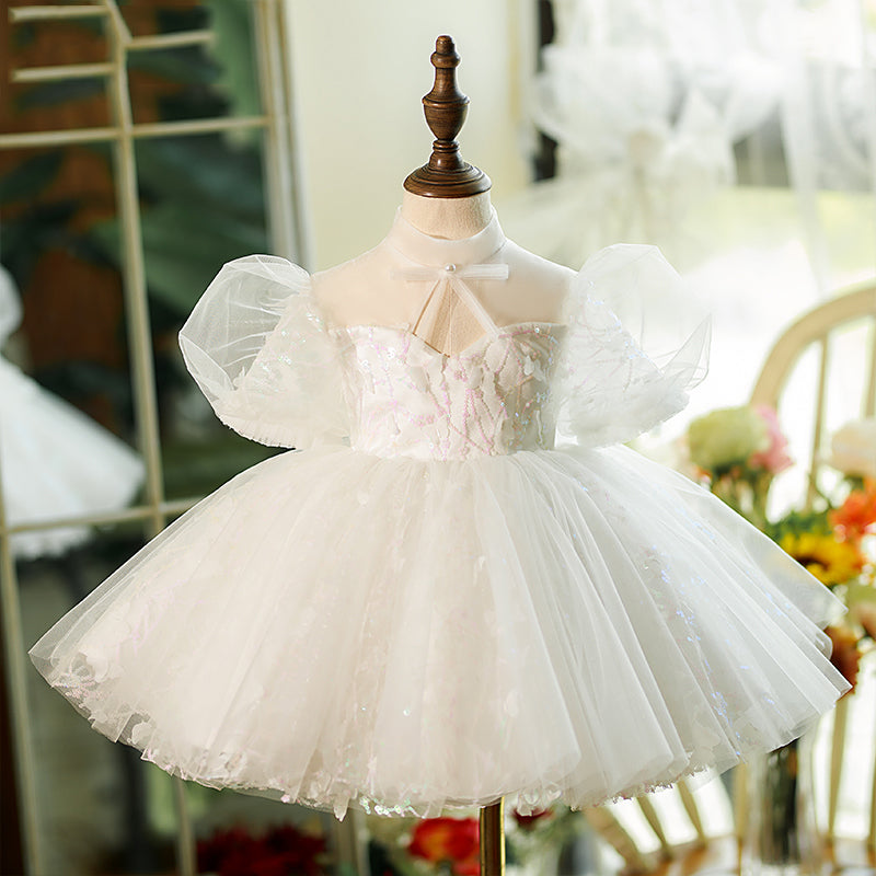 White Sequin Tulle Princess Flower Girl Dress Puff Sleeve