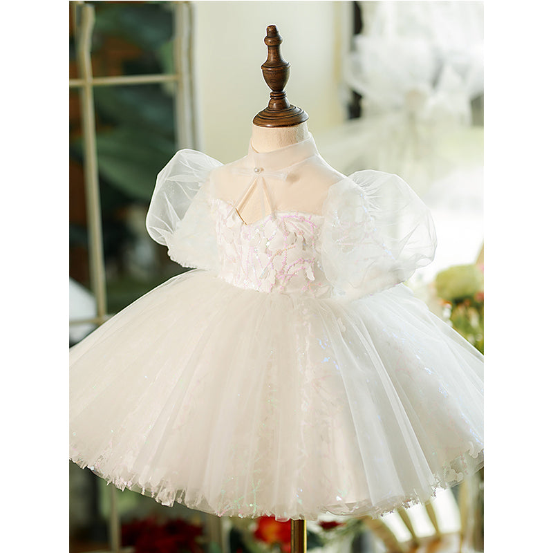 White Sequin Tulle Princess Flower Girl Dress Puff Sleeve