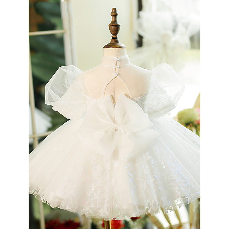 White Sequin Tulle Princess Flower Girl Dress Puff Sleeve